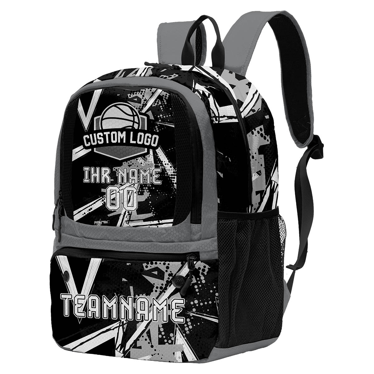 Personalisierter Basketball - und Fußballrucksack in Schwarz & Grau und Weiß mit Spielernamen & Nummern und Teamlogo #BP-0919-0002