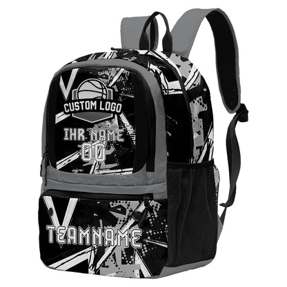 Personalisierter Basketball - und Fußballrucksack in Schwarz & Grau und Weiß mit Spielernamen & Nummern und Teamlogo #BP-0919-0002