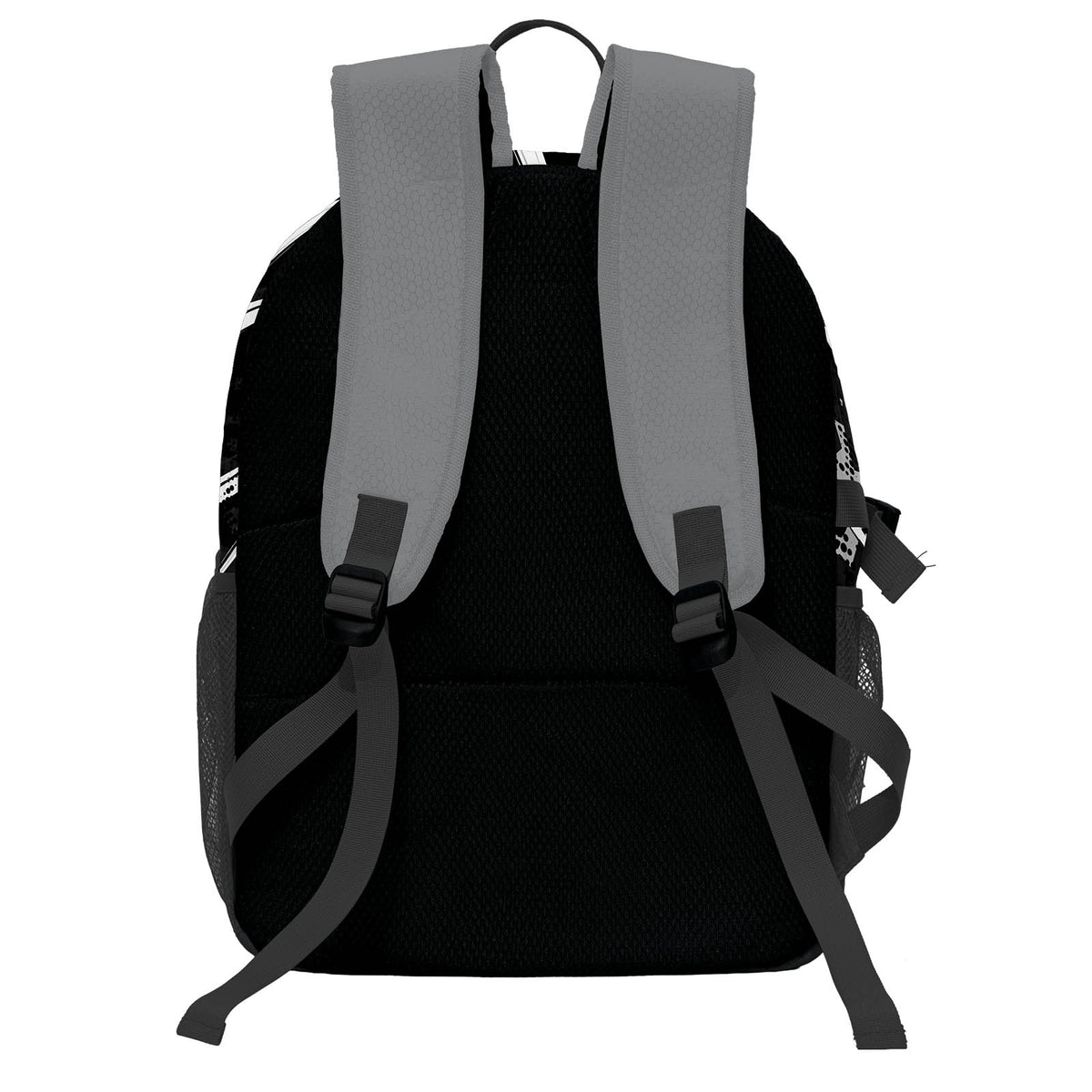 Personalisierter Basketball - und Fußballrucksack in Schwarz & Grau und Weiß mit Spielernamen & Nummern und Teamlogo #BP-0919-0002