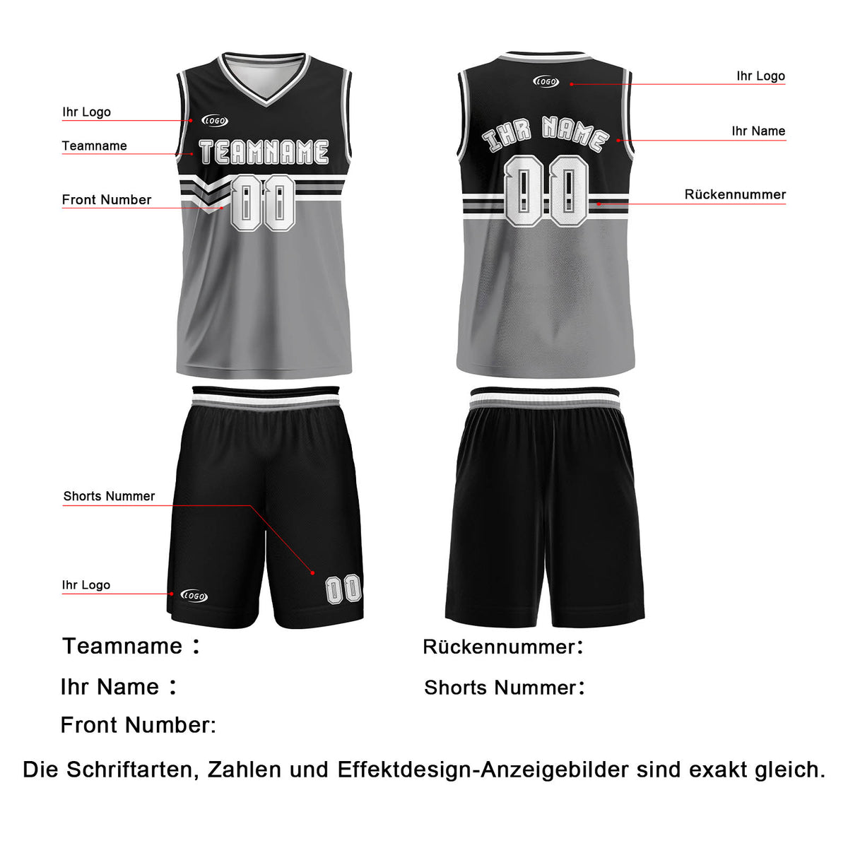 Benutzerdefinierter Schwarz Grau Weiß Basketball Jersey Uniform Anzug gedruckt Ihr Logo Name Nummer