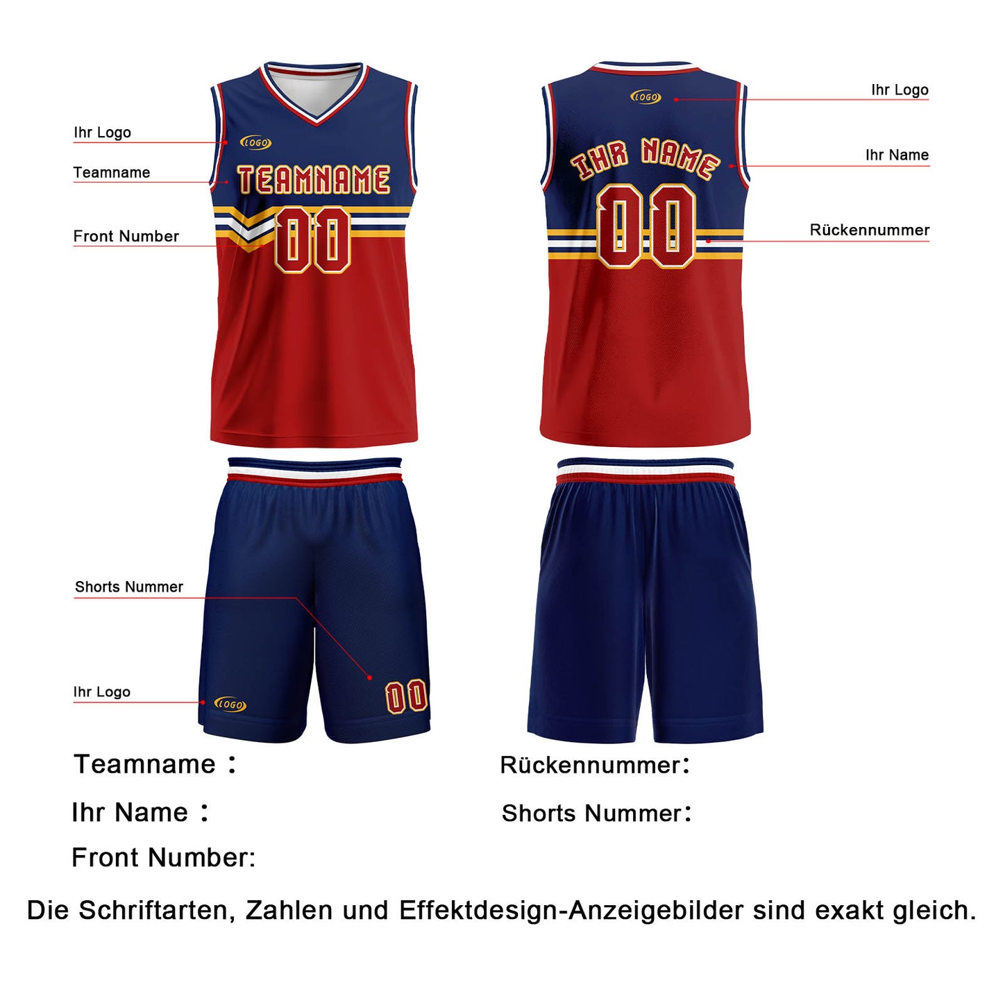 Benutzerdefinierter Blau Rot Gold Weiß Basketball Jersey Uniform Anzug gedruckt Ihr Logo Name Nummer