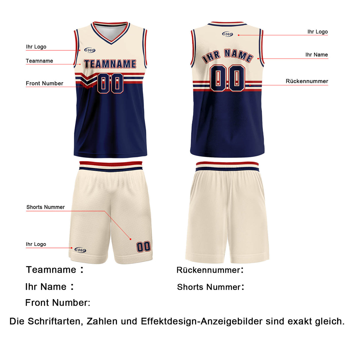 Benutzerdefinierter Creme Blau Rot Basketball Jersey Uniform Anzug gedruckt Ihr Logo Name Nummer