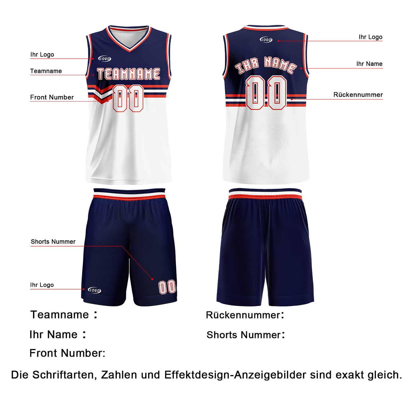 Benutzerdefinierter Blau Weiß Orange Basketball Jersey Uniform Anzug gedruckt Ihr Logo Name Nummer