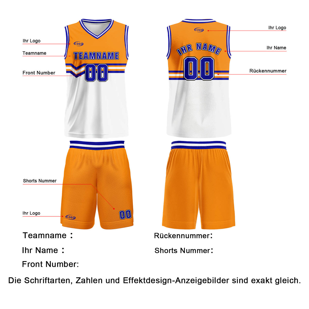 Benutzerdefinierter Orange Weiß Blau Basketball Jersey Uniform Anzug gedruckt Ihr Logo Name Nummer