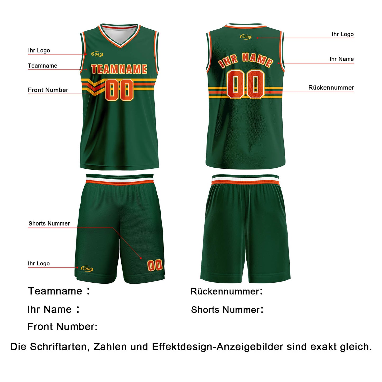 Benutzerdefinierter Grün Orange Gelb Basketball Jersey Uniform Anzug gedruckt Ihr Logo Name Nummer