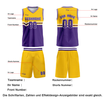 Benutzerdefinierter Gelb Lila Weiß Basketball Jersey Uniform Anzug gedruckt Ihr Logo Name Nummer