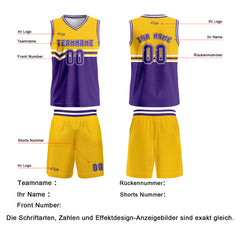 Benutzerdefinierter Gelb Lila Weiß Basketball Jersey Uniform Anzug gedruckt Ihr Logo Name Nummer