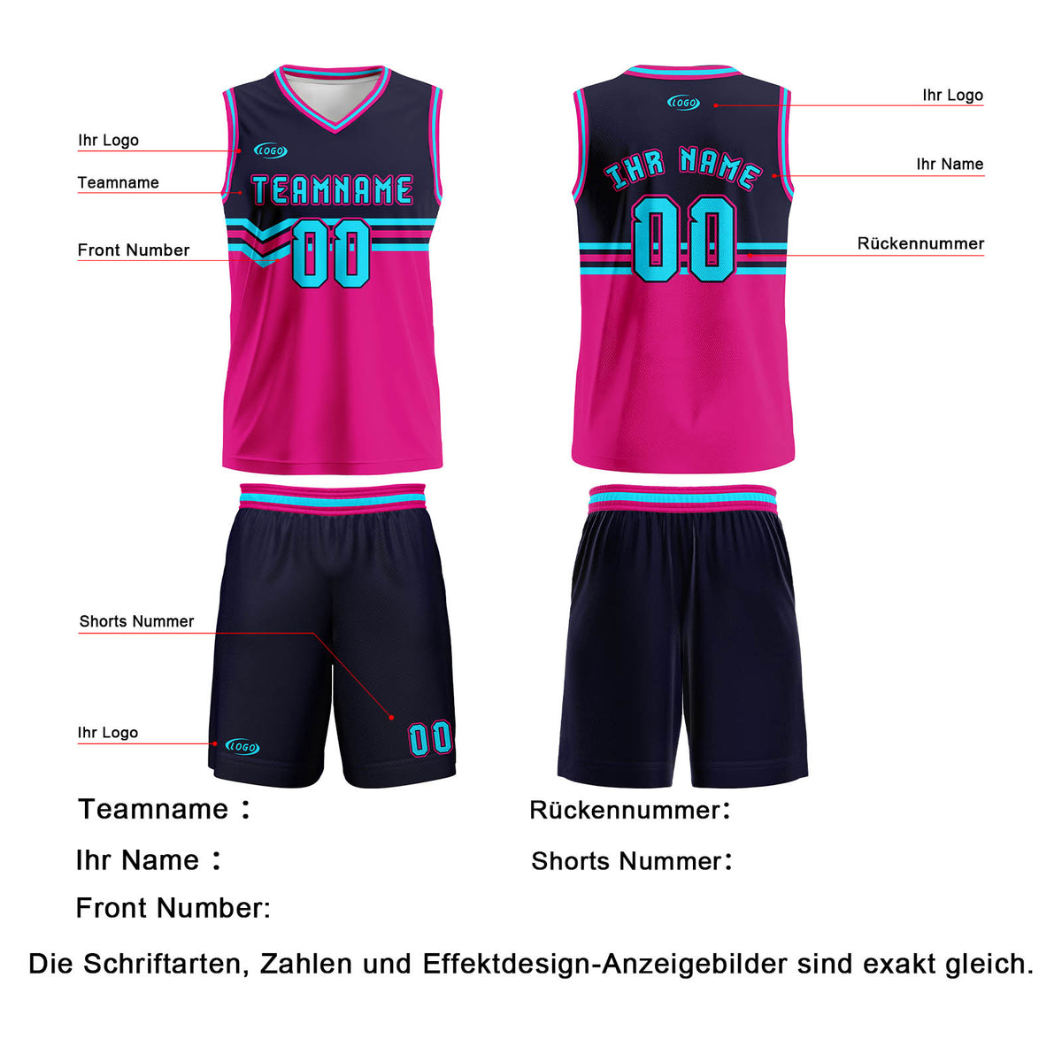 Benutzerdefinierter Marineblau Himbeer Hellblau Basketball Jersey Uniform Anzug gedruckt Ihr Logo Name Nummer