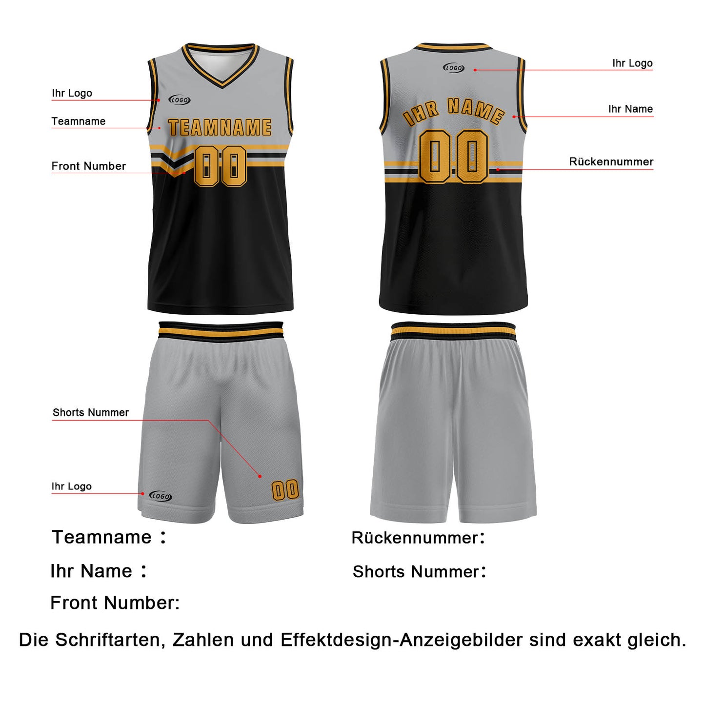 Benutzerdefinierter Grau Schwarz Gelb Basketball Jersey Uniform Anzug gedruckt Ihr Logo Name Nummer