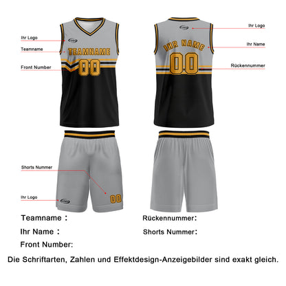 Benutzerdefinierter Grau Schwarz Gelb Basketball Jersey Uniform Anzug gedruckt Ihr Logo Name Nummer