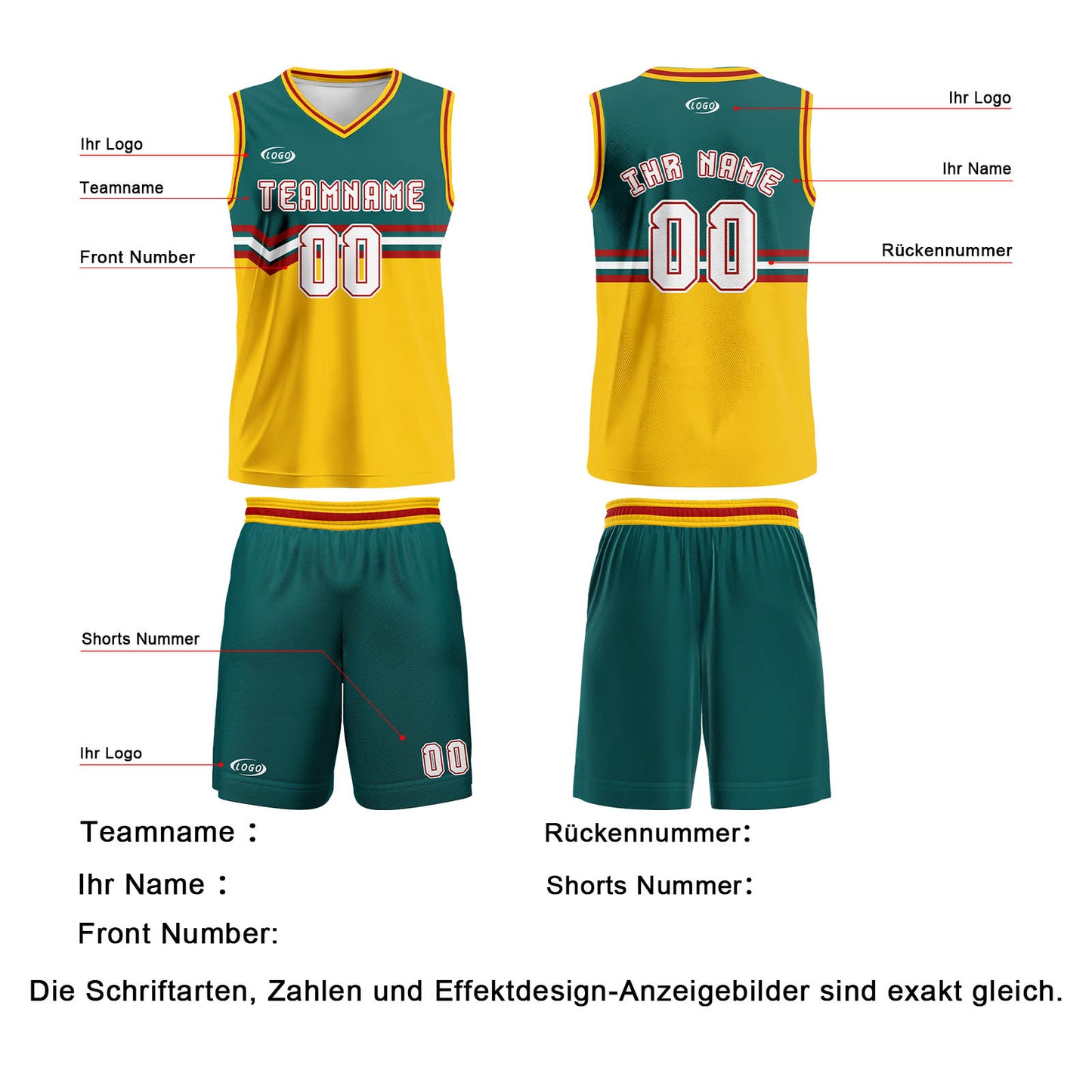 Benutzerdefinierter Grün Gelb Weiß Rot Basketball Jersey Uniform Anzug gedruckt Ihr Logo Name Nummer