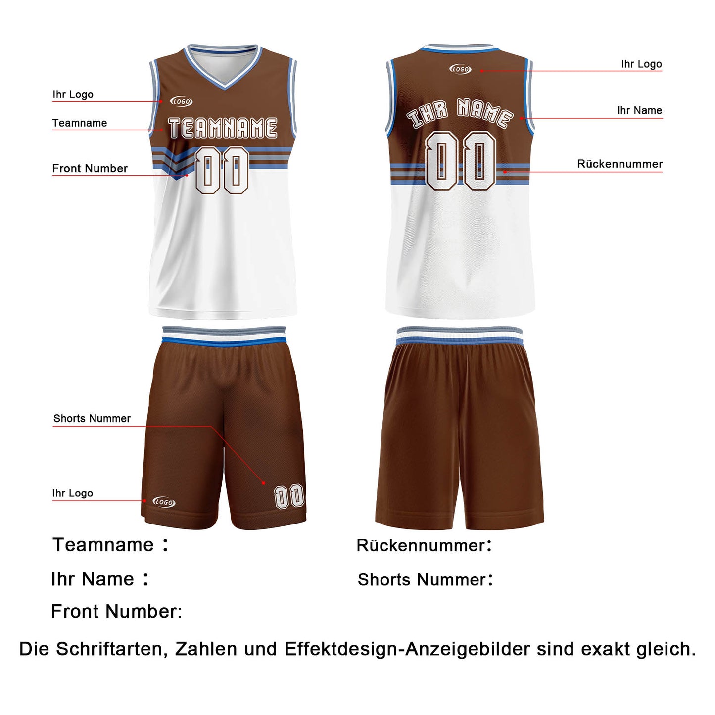 Benutzerdefinierter Braun Weiß Grau Blau Basketball Jersey Uniform Anzug gedruckt Ihr Logo Name Nummer