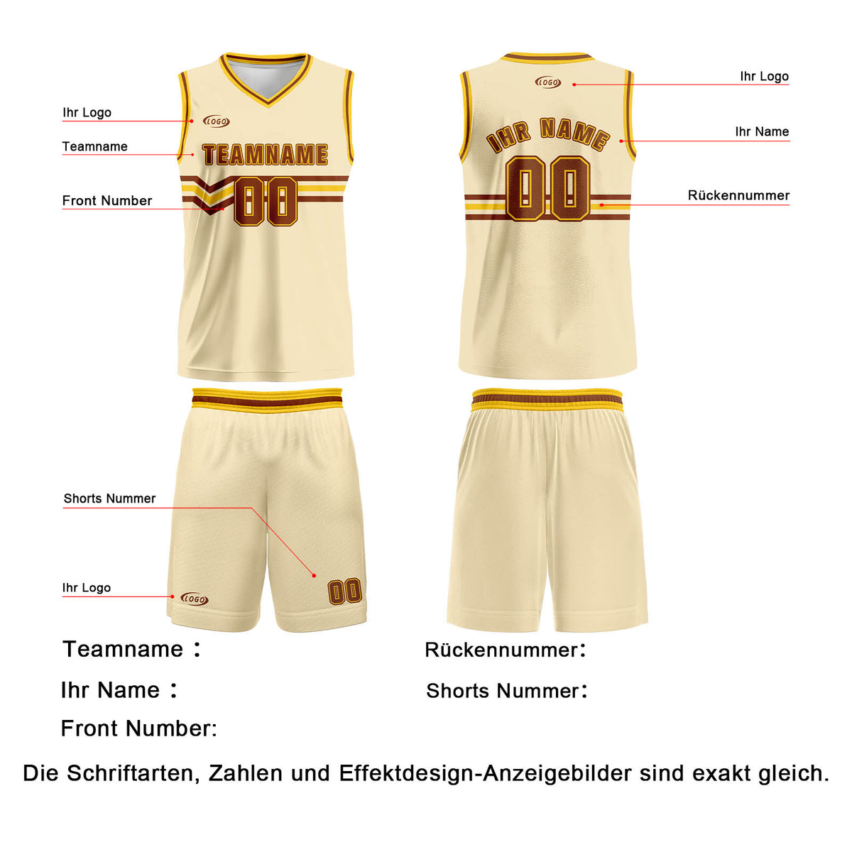 Benutzerdefinierter Creme Braun Gelb Basketball Jersey Uniform Anzug gedruckt Ihr Logo Name Nummer