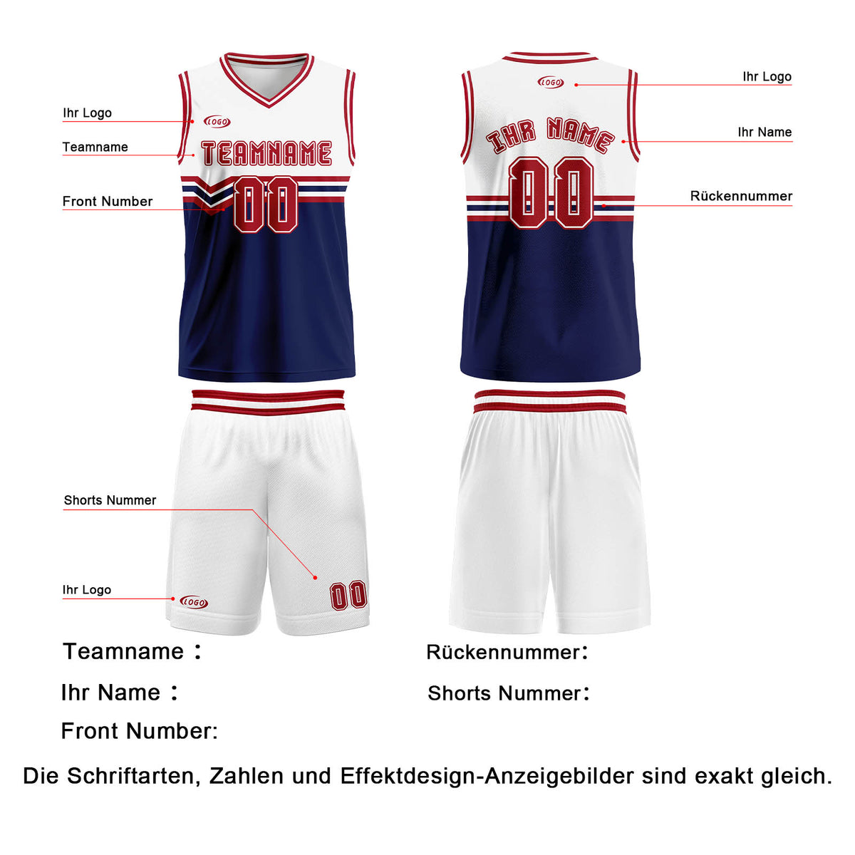 Benutzerdefinierter Weiß Blau Rot Basketball Jersey Uniform Anzug gedruckt Ihr Logo Name Nummer