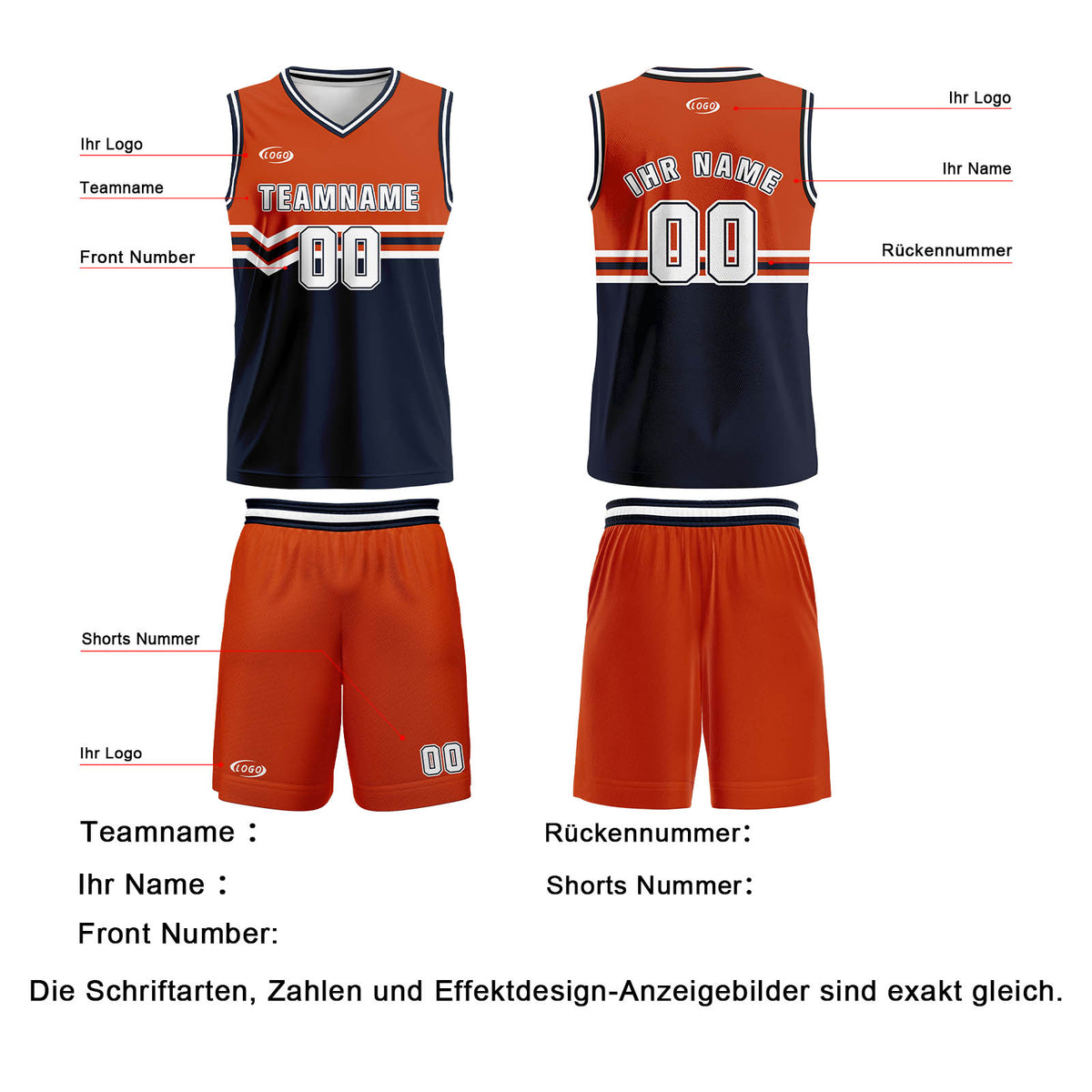 Benutzerdefinierter Orange Marineblau Weiß Basketball Jersey Uniform Anzug gedruckt Ihr Logo Name Nummer