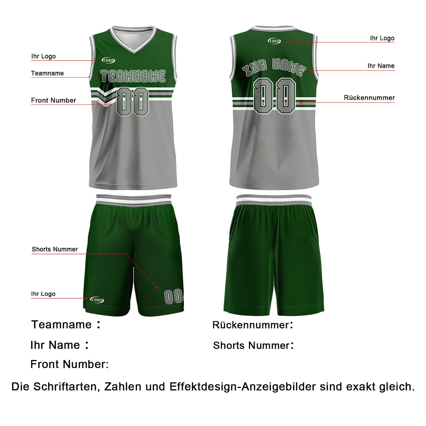 Benutzerdefinierter Grasgrün Grau Weiß Basketball Jersey Uniform Anzug gedruckt Ihr Logo Name Nummer