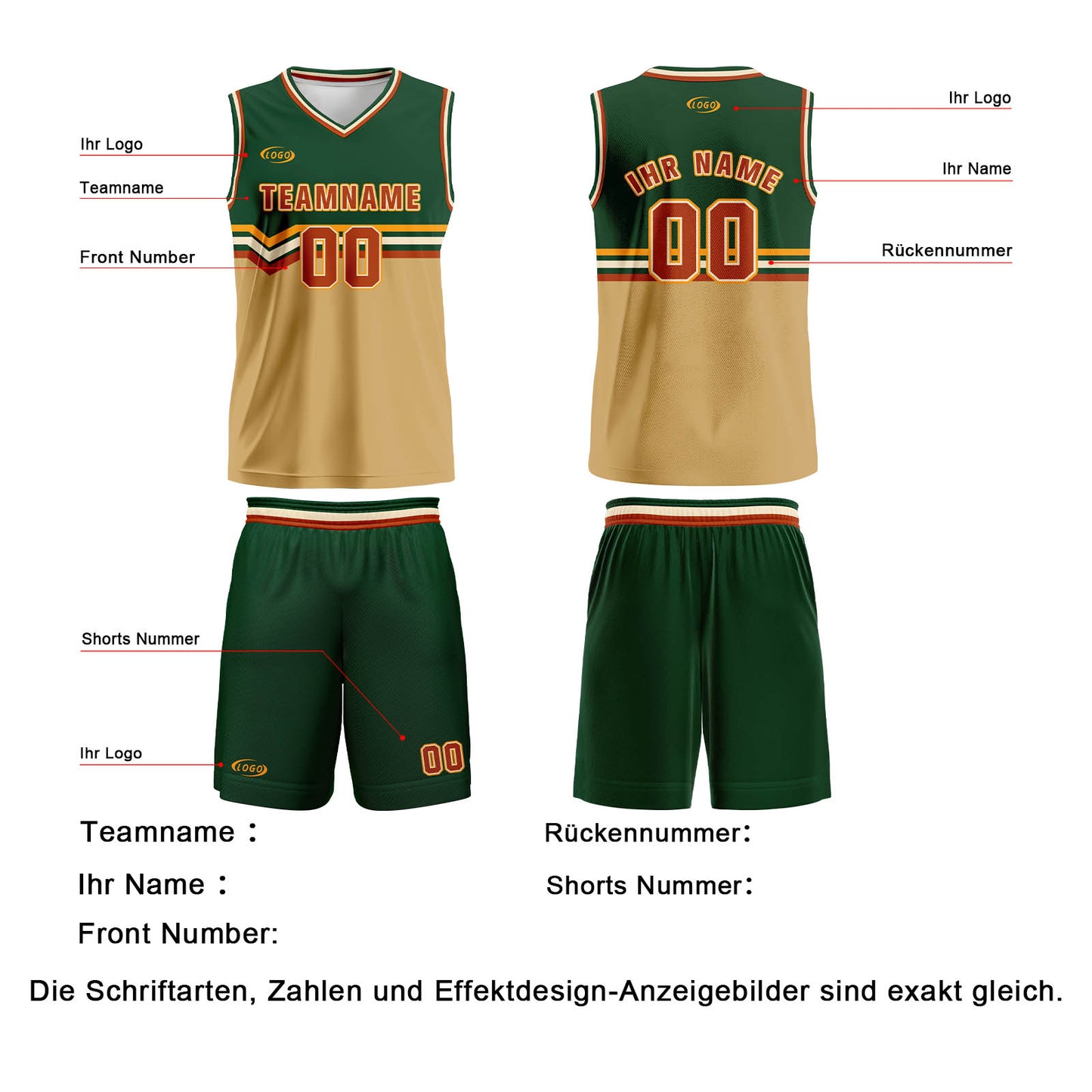 Benutzerdefinierter Grün Hellbraun Rot Gelb Basketball Jersey Uniform Anzug gedruckt Ihr Logo Name Nummer