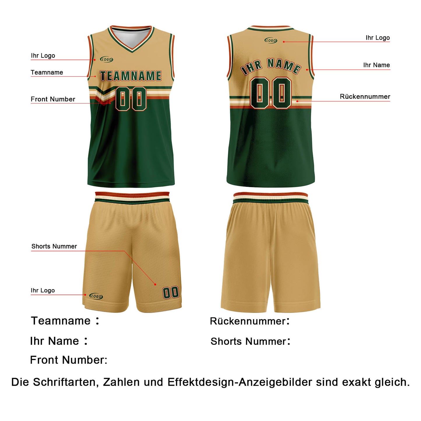 Benutzerdefinierter Hellbraun Grün Weiß Rot Basketball Jersey Uniform Anzug gedruckt Ihr Logo Name Nummer