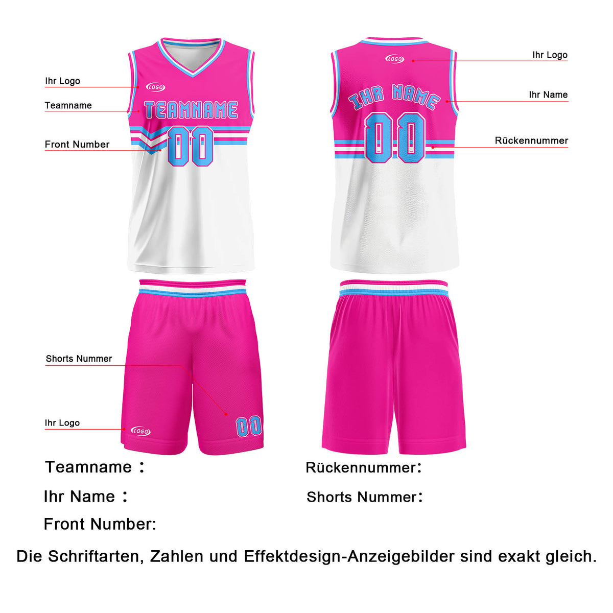 Benutzerdefinierter Rosa Weiß Blau Basketball Jersey Uniform Anzug gedruckt Ihr Logo Name Nummer