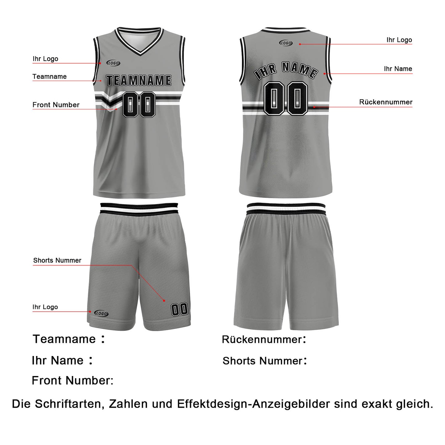 Benutzerdefinierter Grau Schwarz Weiß Basketball Jersey Uniform Anzug gedruckt Ihr Logo Name Nummer