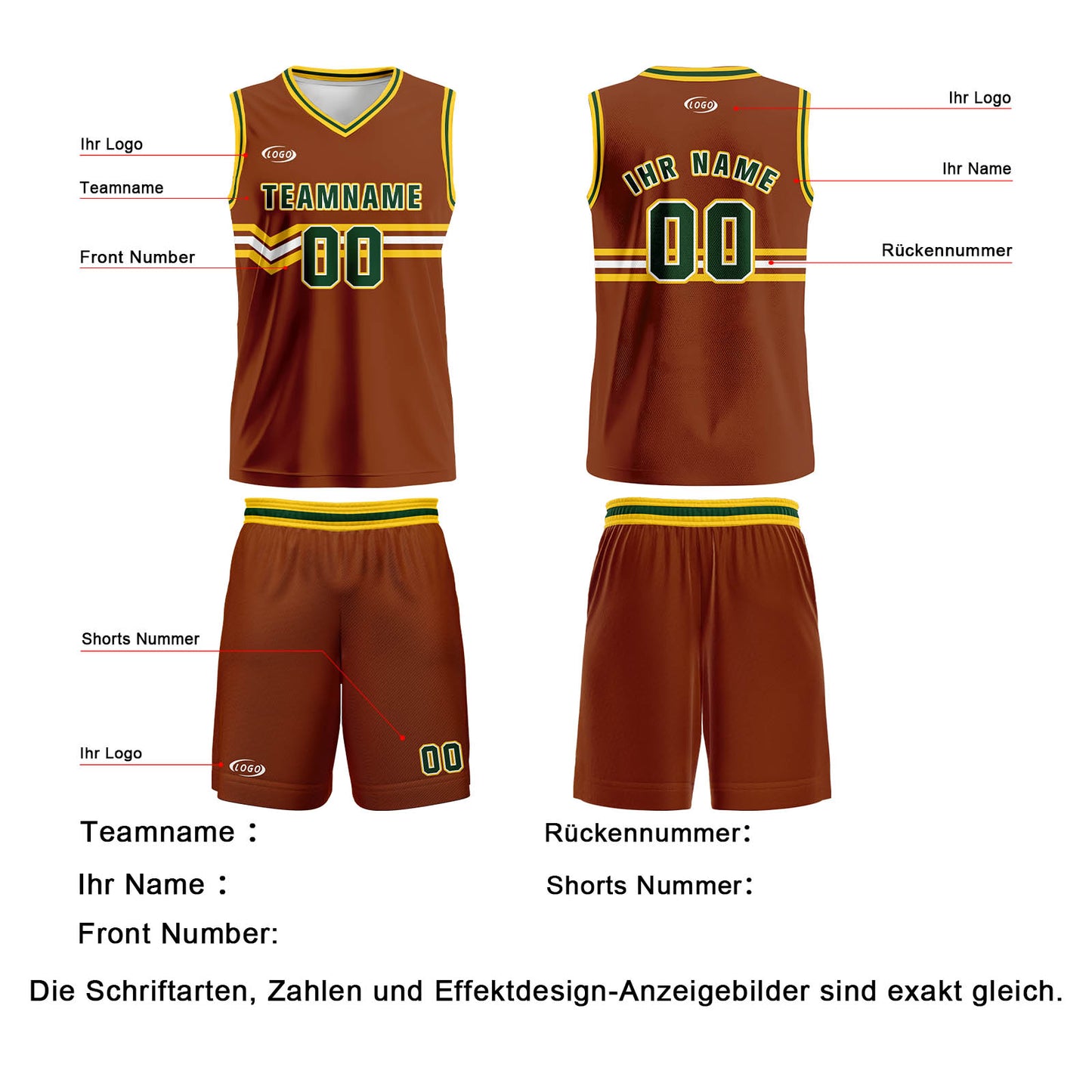 Benutzerdefinierter Braun Grün Gelb Weiß Basketball Jersey Uniform Anzug gedruckt Ihr Logo Name Nummer