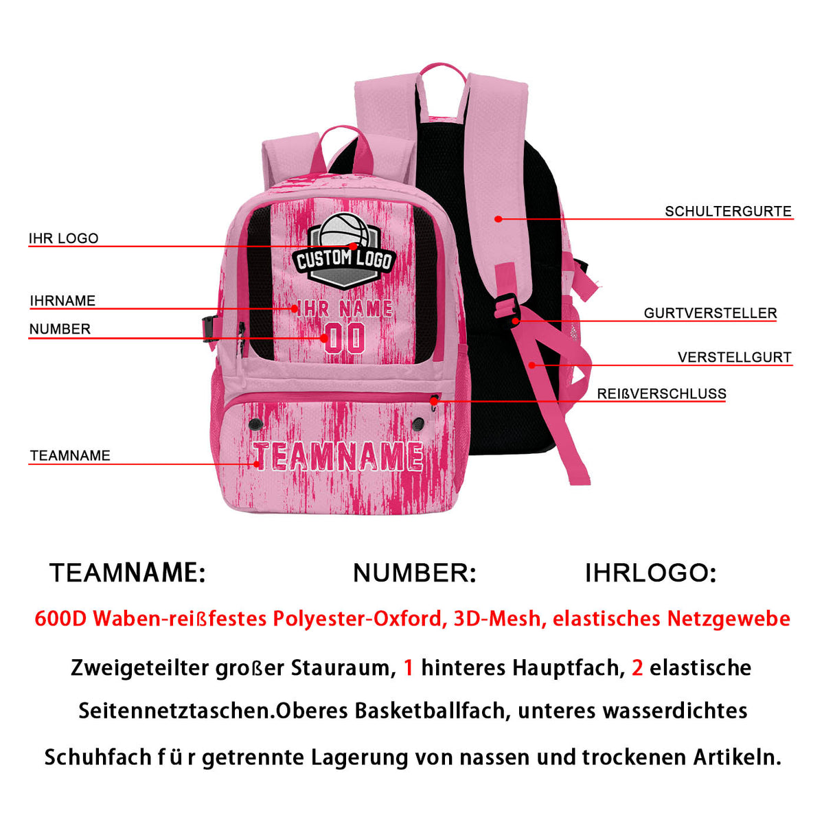 Personalisierter Basketball - und Fußballrucksack in Rosa & Rosa und Weiß mit Spielernamen & Nummern und Teamlogo #BP-0919-0029