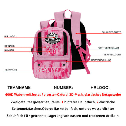 Personalisierter Basketball - und Fußballrucksack in Rosa & Rosa und Weiß mit Spielernamen & Nummern und Teamlogo #BP-0919-0029