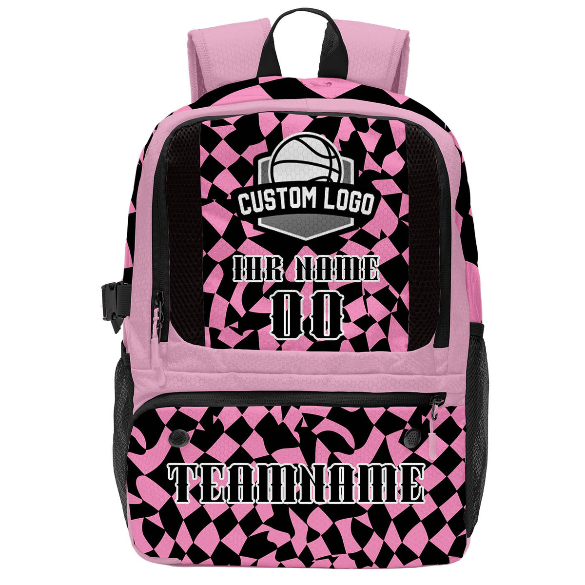 Personalisierter Basketball - und Fußballrucksack in Pink und Schwarz mit Spielernamen & Nummern und Teamlogo #BP-0919-0027