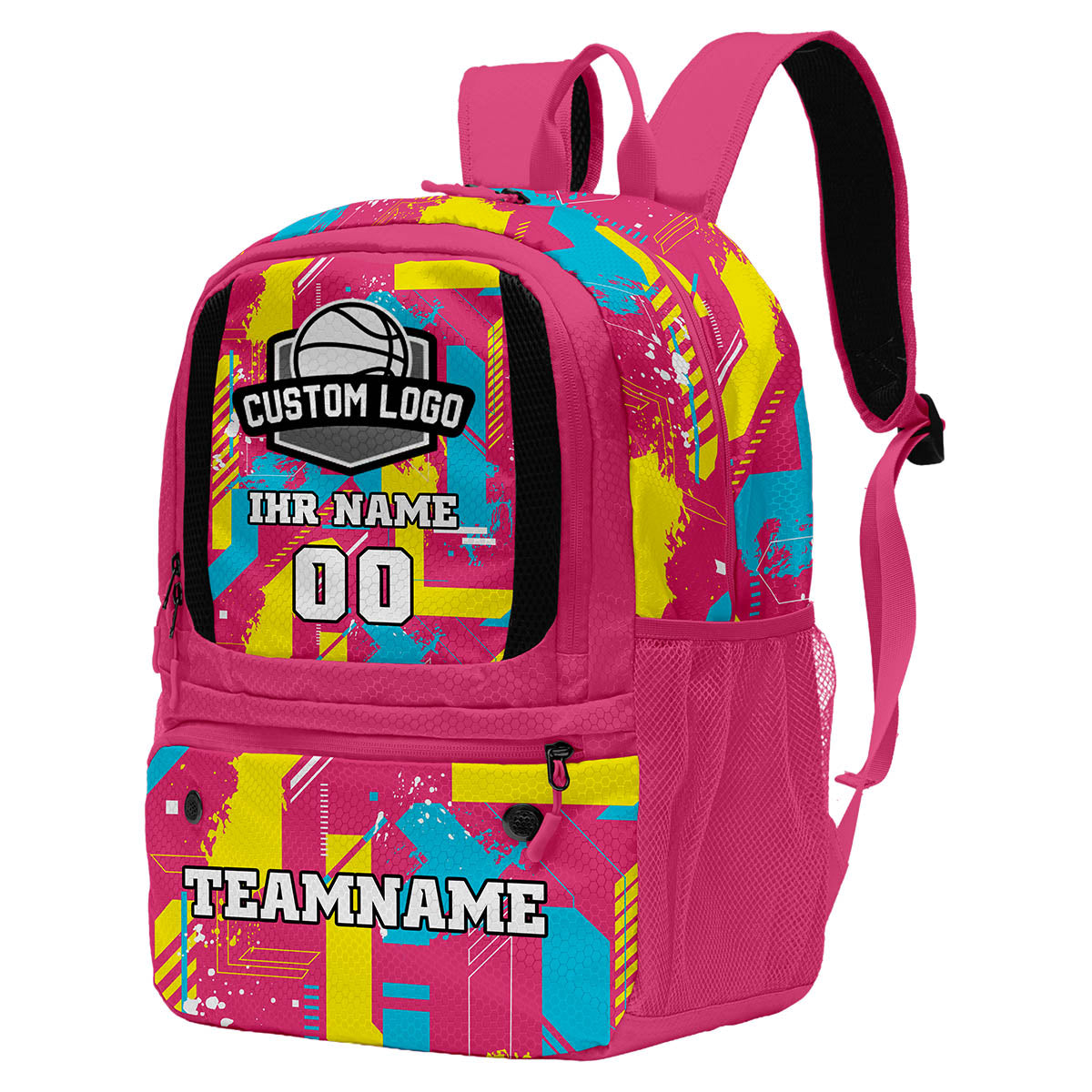 Personalisierter Basketball - und Fußballrucksack in Rosenrot & Blau und Gelb mit Spielernamen & Nummern und Teamlogo #BP-0919-0036