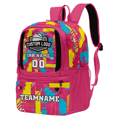 Personalisierter Basketball - und Fußballrucksack in Rosenrot & Blau und Gelb mit Spielernamen & Nummern und Teamlogo #BP-0919-0036