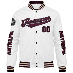 Maßgeschneiderte Braun Weiß Letterman Varsity Jacket Individuelle Stickerei Druck nach Ihrem Wunsch