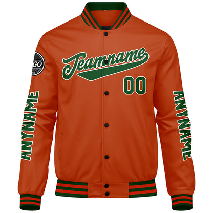 Maßgeschneiderte Dunkelgrün Orange Letterman Varsity Jacket Individuelle Stickerei Druck nach Ihrem Wunsch