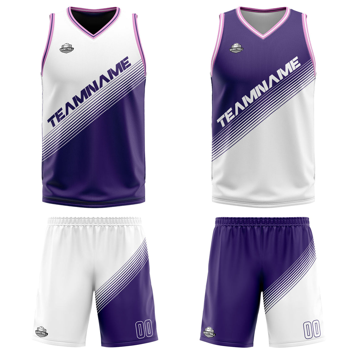 Benutzerdefinierte Weiß Lila Reversible Basketball Jersey Personalisierte Print Name Nummer Logo