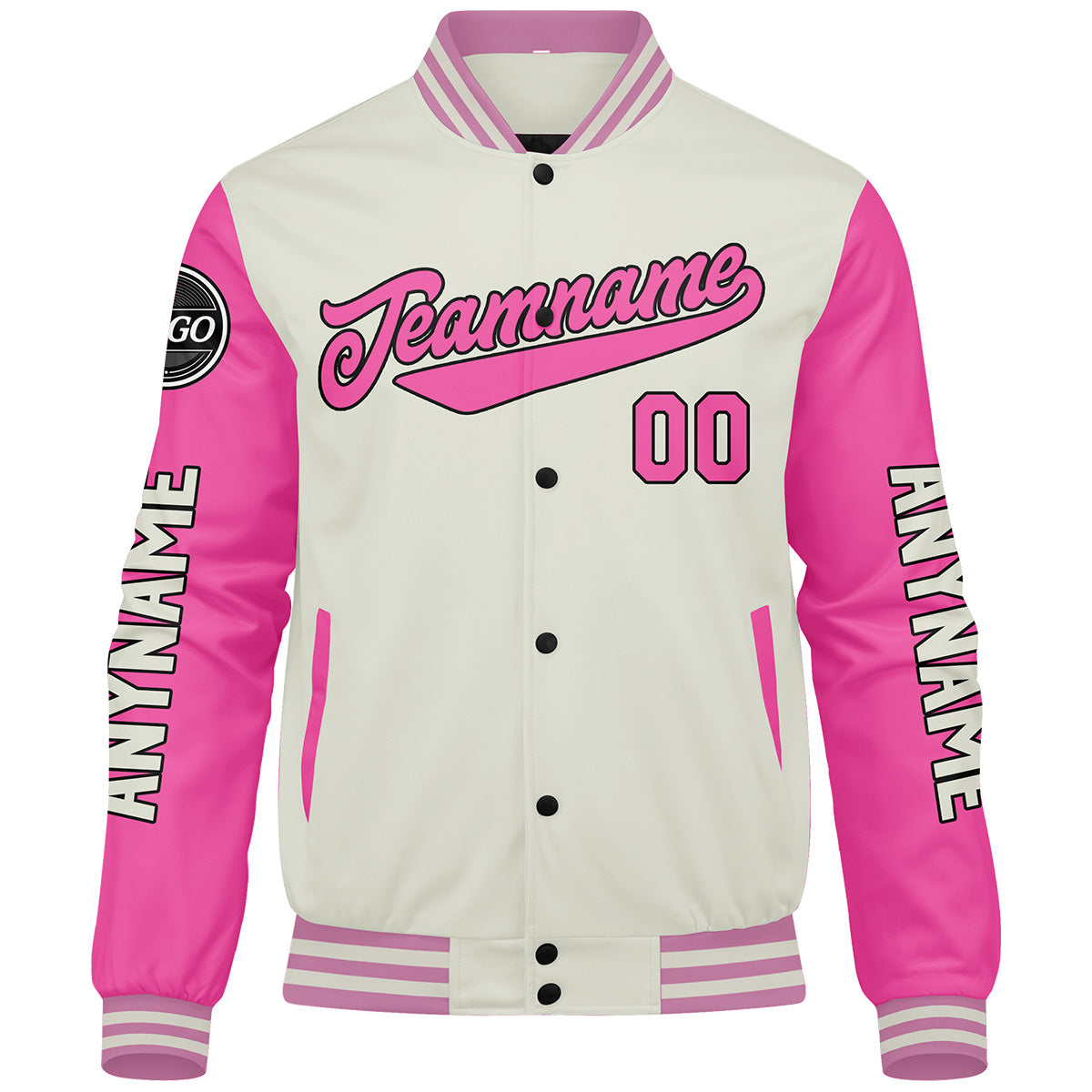 Maßgeschneiderte Creme Rosa Letterman Varsity Jacket Individuelle Stickerei Druck nach Ihrem Wunsch