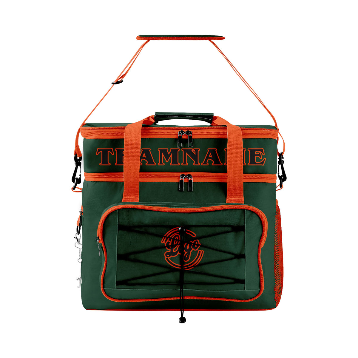 Maßgeschickerte Dunkelgrün Orange vollflächig bedruckte isolierte Kühltasche mit Doppelwand Wasserdichte 600D Oxford Picknick-Tragetasche für Teamevents & Outdoor-Grillen