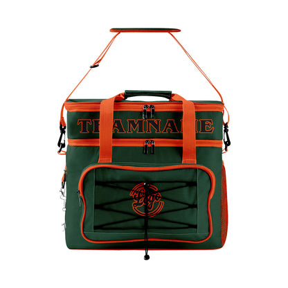 Maßgeschickerte Dunkelgrün Orange vollflächig bedruckte isolierte Kühltasche mit Doppelwand Wasserdichte 600D Oxford Picknick-Tragetasche für Teamevents & Outdoor-Grillen