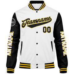 Maßgeschneiderte Schwarz Weiß Gelb Letterman Varsity Jacket Individuelle Stickerei Druck nach Ihrem Wunsch