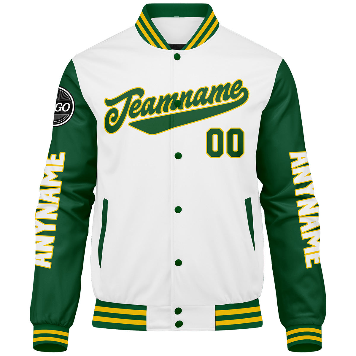Maßgeschneiderte Grün Gelb Weiß Letterman Varsity Jacket Individuelle Stickerei Druck nach Ihrem Wunsch