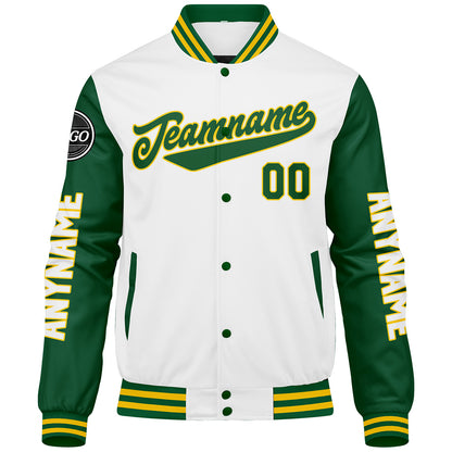 Maßgeschneiderte Grün Gelb Weiß Letterman Varsity Jacket Individuelle Stickerei Druck nach Ihrem Wunsch