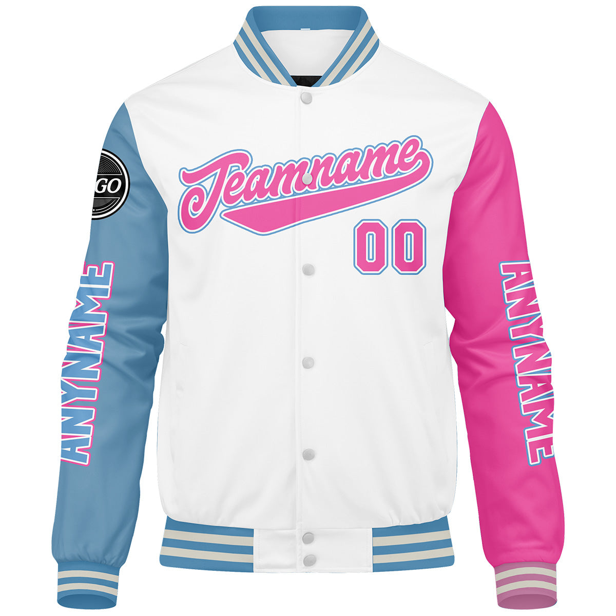 Maßgeschneiderte Weiß Lichtblau Rosa Letterman Varsity Jacket Individuelle Stickerei Druck nach Ihrem Wunsch
