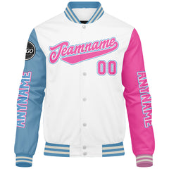 Maßgeschneiderte Weiß Lichtblau Rosa Letterman Varsity Jacket Individuelle Stickerei Druck nach Ihrem Wunsch