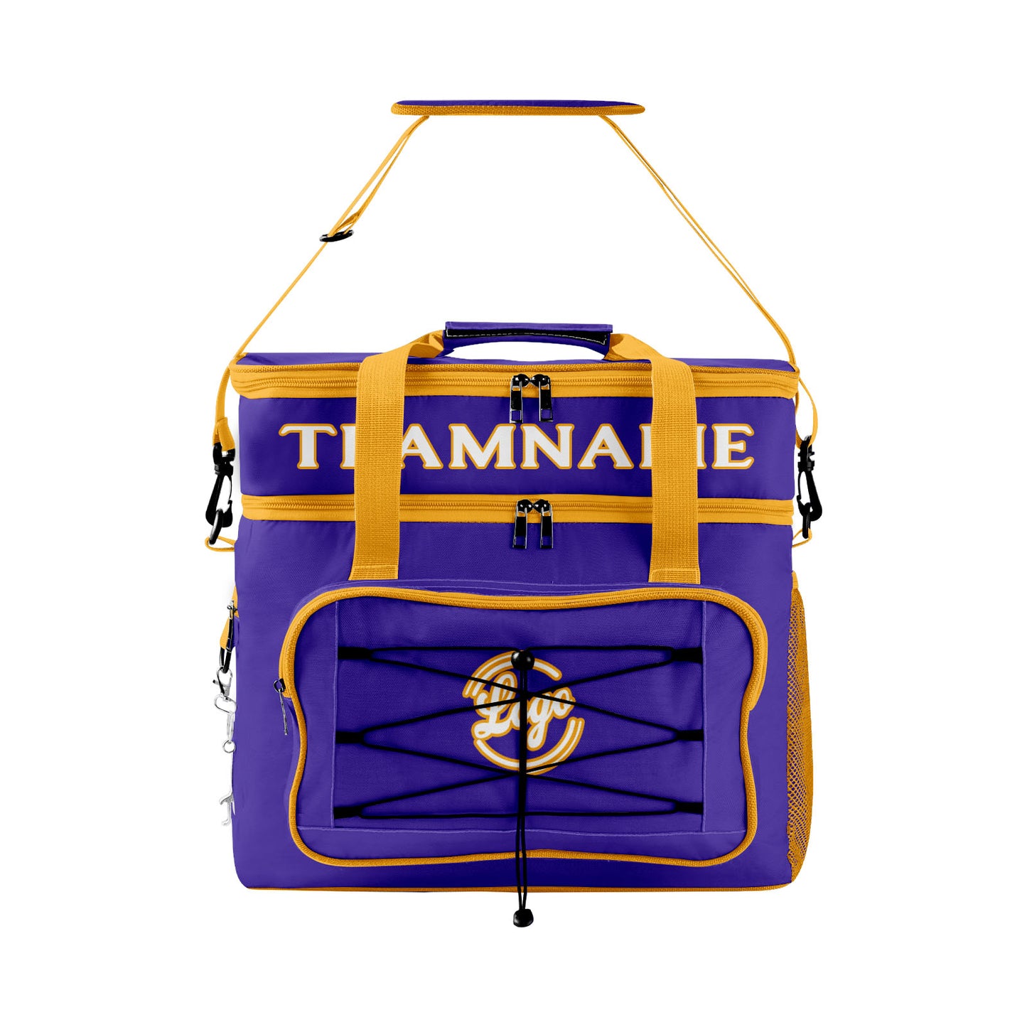 Maßgeschickerte Lila Gelb vollflächig bedruckte isolierte Kühltasche mit Doppelwand Wasserdichte 600D Oxford Picknick-Tragetasche für Teamevents & Outdoor-Grillen