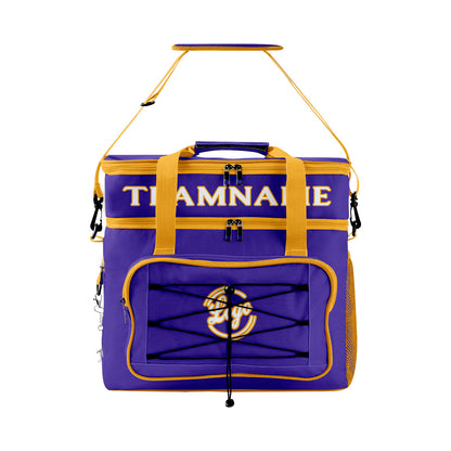 Maßgeschickerte Lila Gelb vollflächig bedruckte isolierte Kühltasche mit Doppelwand Wasserdichte 600D Oxford Picknick-Tragetasche für Teamevents & Outdoor-Grillen