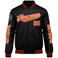 Maßgeschneiderte Schwarz Orange Letterman Varsity Jacket Individuelle Stickerei Druck nach Ihrem Wunsch