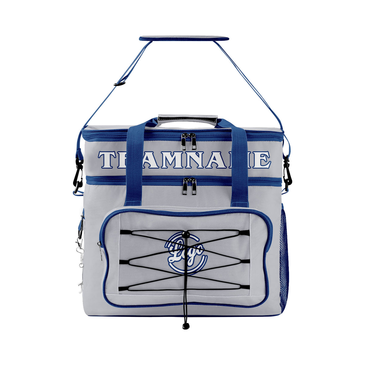 Maßgeschickerte Grau Dunkelblau vollflächig bedruckte isolierte Kühltasche mit Doppelwand Wasserdichte 600D Oxford Picknick-Tragetasche für Teamevents & Outdoor-Grillen