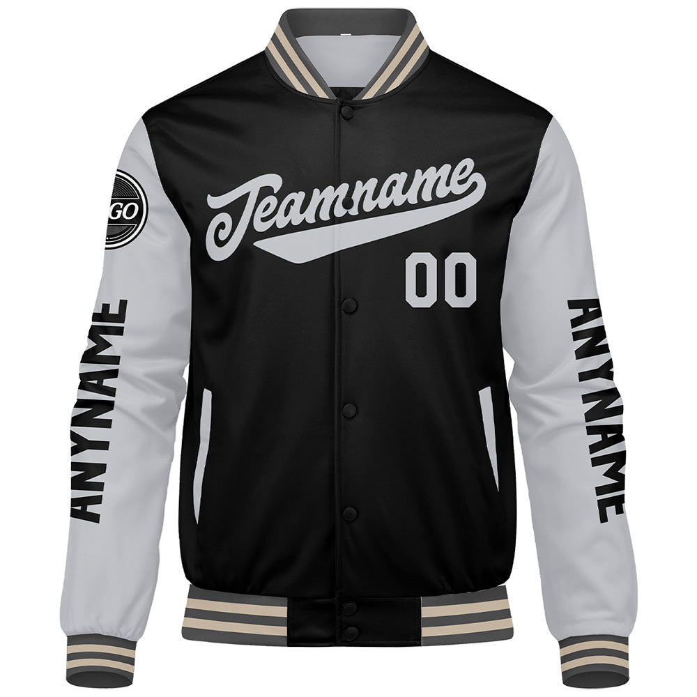 Maßgeschneiderte Grau Schwarz Creme Letterman Varsity Jacket Individuelle Stickerei Druck nach Ihrem Wunsch