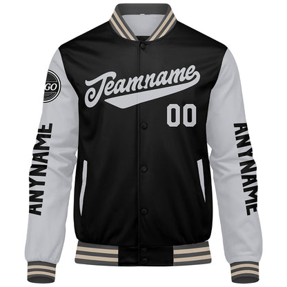 Maßgeschneiderte Grau Schwarz Creme Letterman Varsity Jacket Individuelle Stickerei Druck nach Ihrem Wunsch