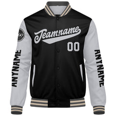 Maßgeschneiderte Grau Schwarz Creme Letterman Varsity Jacket Individuelle Stickerei Druck nach Ihrem Wunsch
