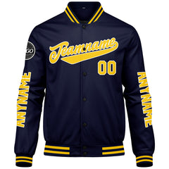 Maßgeschneiderte Marine Gelb Letterman Varsity Jacket Individuelle Stickerei Druck nach Ihrem Wunsch