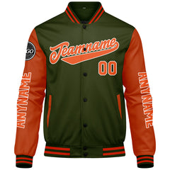 Maßgeschneiderte Olivengrün Orange Letterman Varsity Jacket Individuelle Stickerei Druck nach Ihrem Wunsch